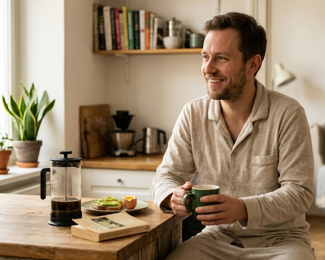 Pahar de apă pe o masă din lemn natural, în lumina dimineții